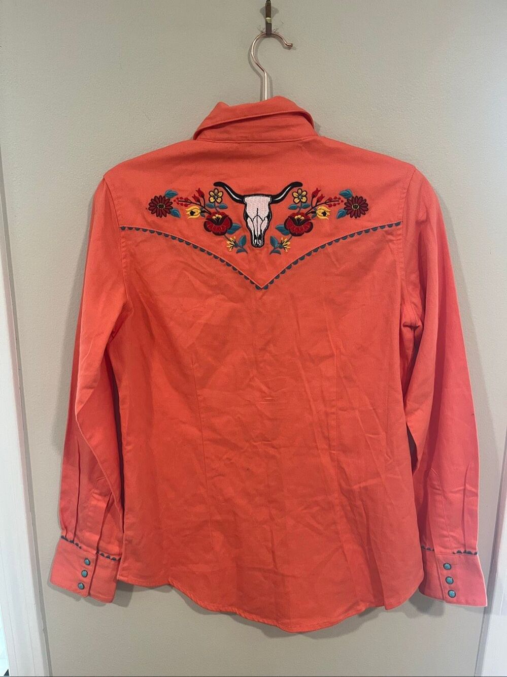 Women's Wrangler Coral Pearl Snap Embroidered Western Shirt Small Turquoise - Picture 5 of 5